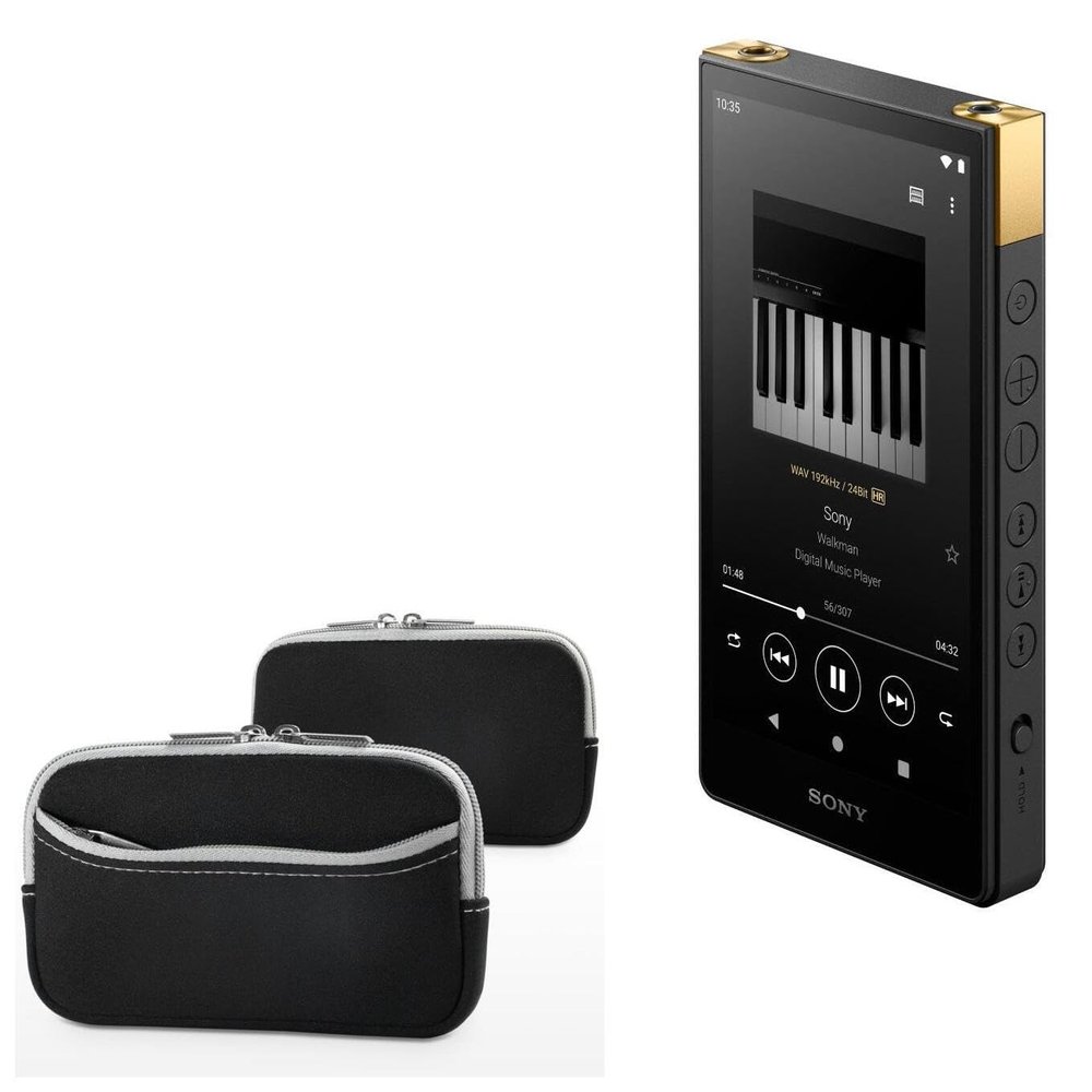 BoxWave Case Compatible with Sony Walkman NW-ZX707 - SoftSuit with Pocket, Soft Pouch Neoprene Cover Sleeve Zipper Pocket - Jet Black with Grey Trim