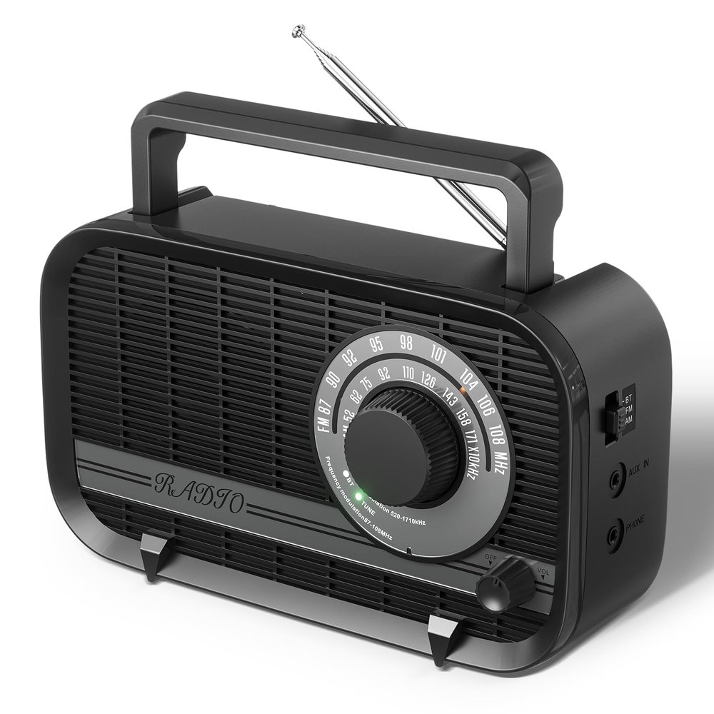 Audiocrazy AM FM Portable Radio Plug in Wall or Battery Operated Radio with Best Reception,Bluetooth,Headphone Jack,Large Dial Easy to Use for Seniors Elderly Black
