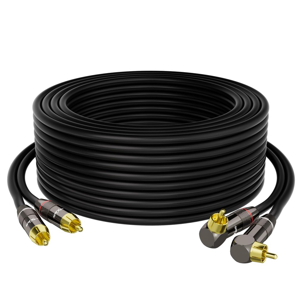 RCA Cable 10 FT, 90 Degree Right Angle 2RCA to 2RCA Stereo Audio Cable, Zinc Alloy Shell, Gold-Plated Plug, 2 RCA Audio Cord, for Home Theater, Subwoofer, HDTV, Amplifier, Hi-Fi System, Car, Speaker