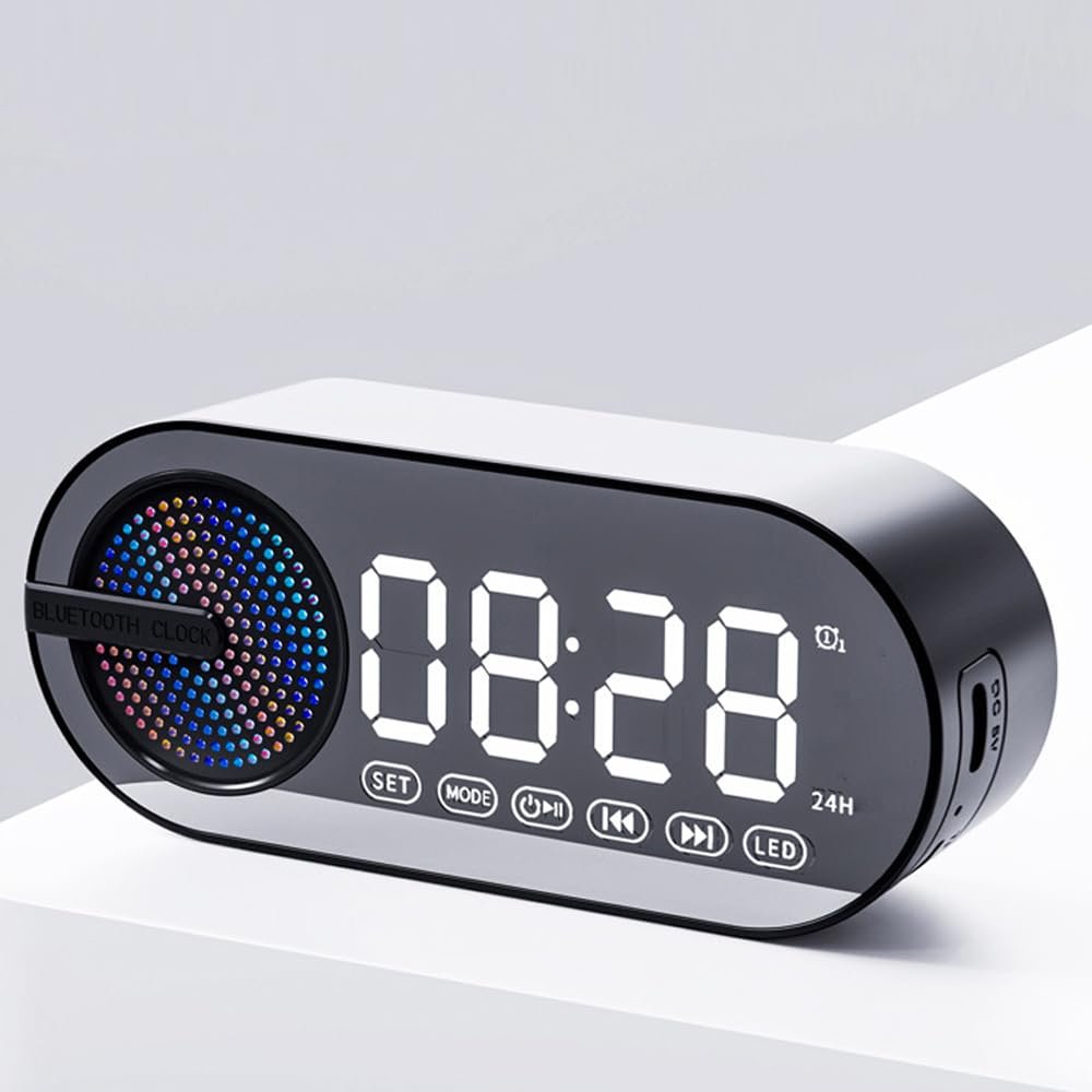 IHAO Portable Wireless Bluetooth Speakers 4 in 1 Multifunctional Soundbox Alarm Clock Mini FM Radio Mirror 4 Hours Playtime Handsfree, Ambient LED Light Speakers for Home, Outdoor, Travel-Black