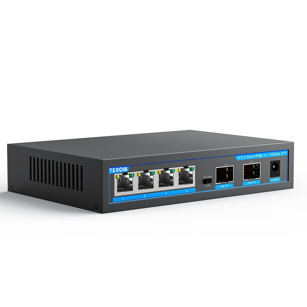 4-Port 2.5Gb PoE+ Switch add 2-Port 10Gb SFP+, TEROW Base-T 10G Ethernet, 60Gbps Switching Capacity, IEEE802.3af/at, Up to 30W, 65W,Desktop/Wall Mount, for AP & IP Cameras, Home,Gaming,Office