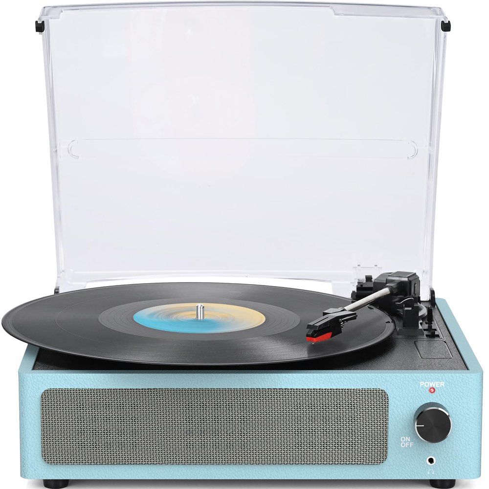WOCKODER Vinyl Record Player with Speakers New Sleek Sky Blue Turntable Wireless Receiver Bluetooth Playback 3 Speed 3 Size AUX-in RCA Line Auto Stop All-in-one LP Phonograph for Beginner Classic Blue
