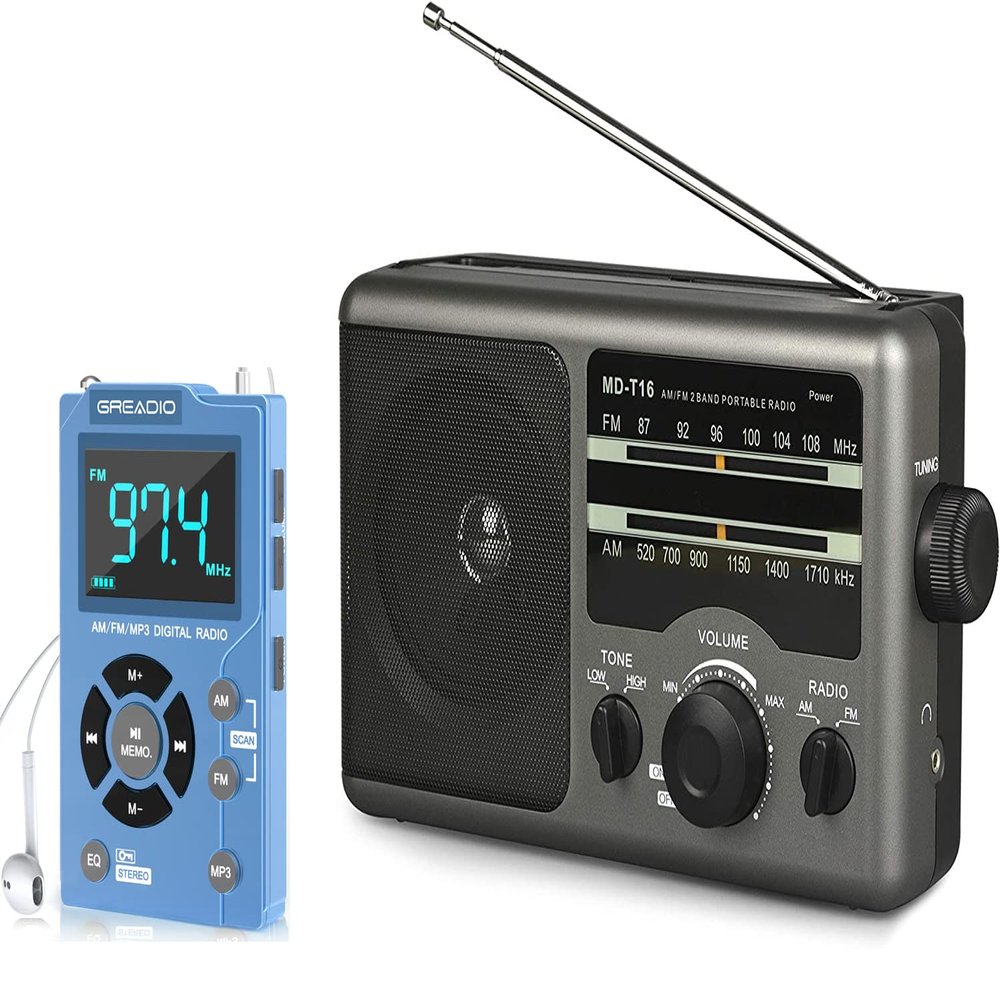Greadio AM FM Portable Radio Transistor Radio with 3.5mm Earphone Jack, Best Reception Pocket Radio, Large LCD Screen and Easy to Use for Home and Outdoor (Grey+Blue)
