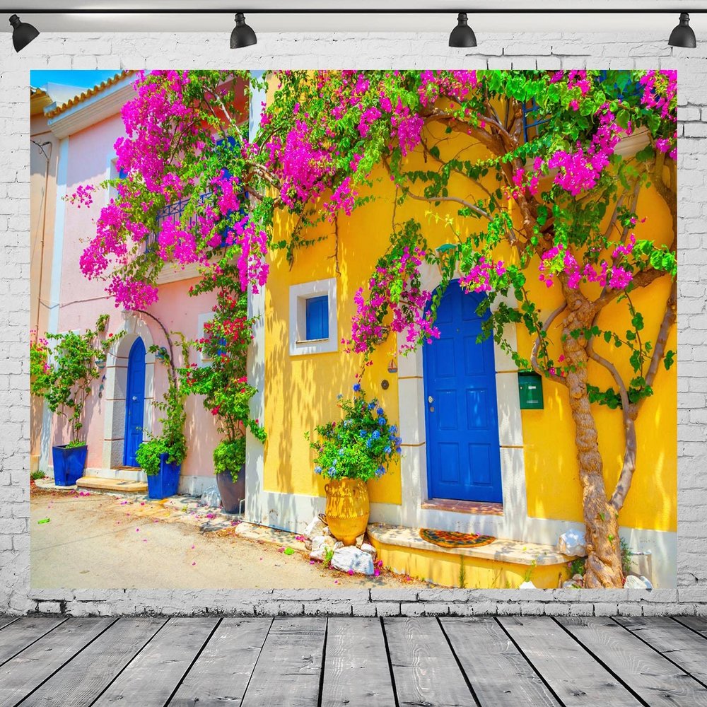 BELECO 12x8ft Fabric Greece Town Street Backdrop Colorful Houses Blooming Flowers Greece Photography Background for Birthday Wedding Photoshoot Europe Travel Kids Adults Portrait Photo Studio Props
