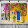 BELECO 12x8ft Fabric Greece Town Street Backdrop Colorful Houses Blooming Flowers Greece Photography Background for Birthday Wedding Photoshoot Europe Travel Kids Adults Portrait Photo Studio Props view 1