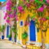 BELECO 12x8ft Fabric Greece Town Street Backdrop Colorful Houses Blooming Flowers Greece Photography Background for Birthday Wedding Photoshoot Europe Travel Kids Adults Portrait Photo Studio Props view 2