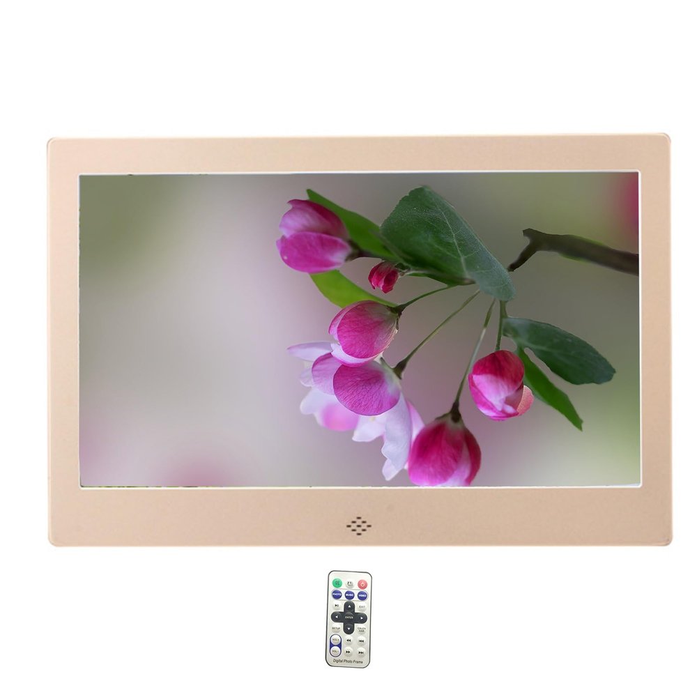 12-inch Digital Photo Frame, Metal Photo Frame can be plugged into USB or SD Electronic Photo Frame, high-Definition Display with Remote Control, Video and Music Support, Slide Show (Color : Gold)
