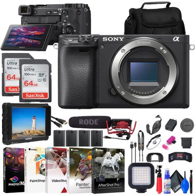 Sony a6400 Mirrorless Camera (ILCE-6400/B) + 4K Monitor + Rode VideoMic + 2 x 64GB Card + 3 x NPF-W50 Battery + Card Reader + LED Light + Corel Photo Software + Case + More (Renewed)