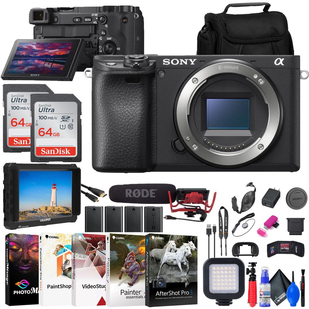 Sony a6400 Mirrorless Camera (ILCE-6400/B) + 4K Monitor + Rode VideoMic + 2 x 64GB Card + 3 x NPF-W50 Battery + Card Reader + LED Light + Corel Photo Software + Case + More (Renewed)