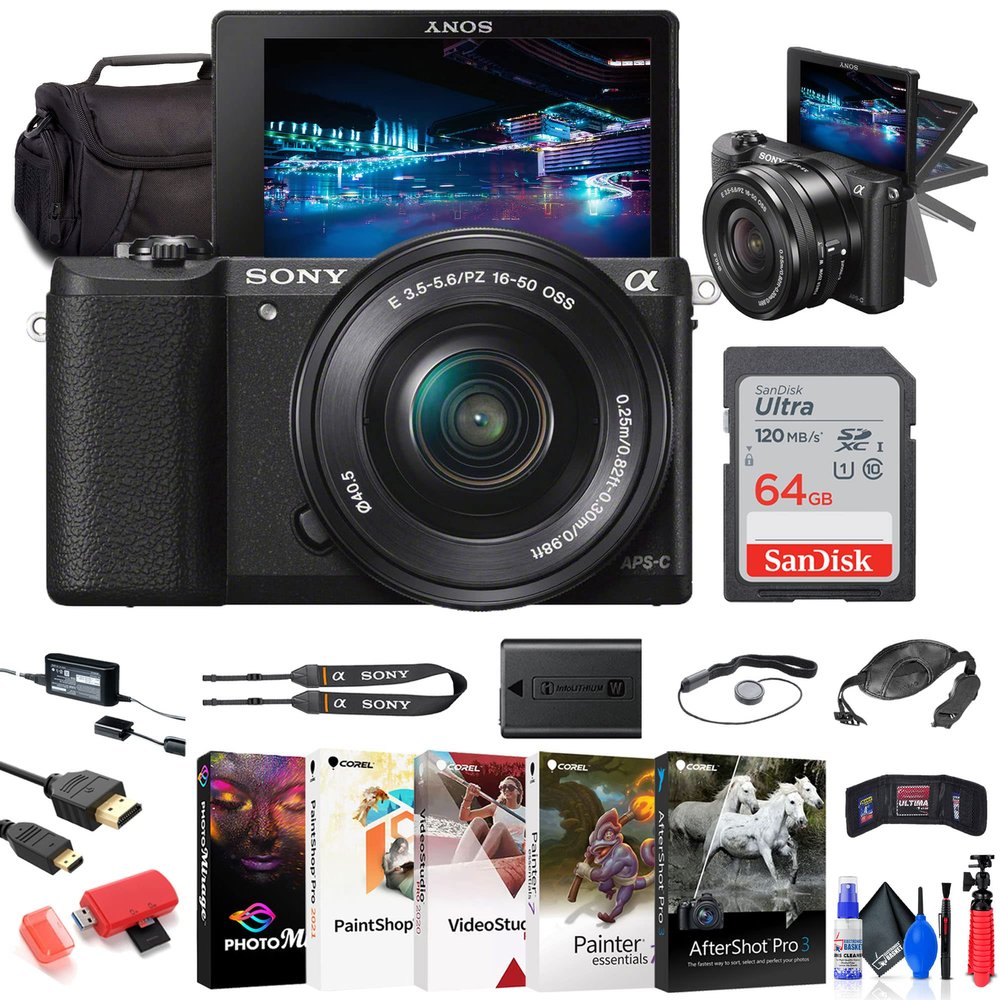 Sony Alpha a5100 Mirrorless Digital Camera with 16-50mm Lens (Black) + 64GB Card + Card Reader + Case + Flex Tripod + Hand Strap + Memory Wallet + Cap Keeper + Cleaning Kit