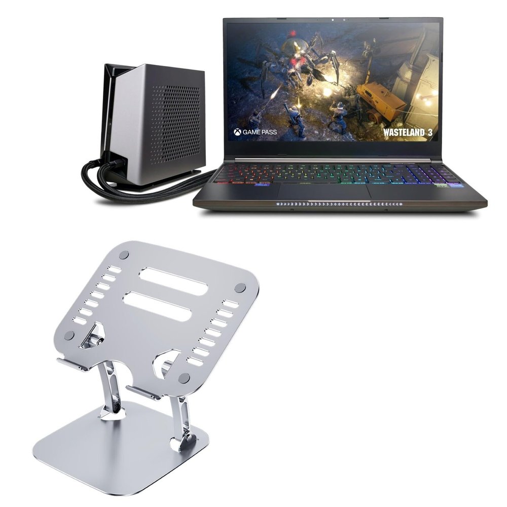 BoxWave Stand and Mount Compatible with CyberPowerPC Tracer VI Edge - Executive VersaView Laptop Stand, Ergonomic Adjustable Viewing Angle Metallic Riser - Metallic Silver