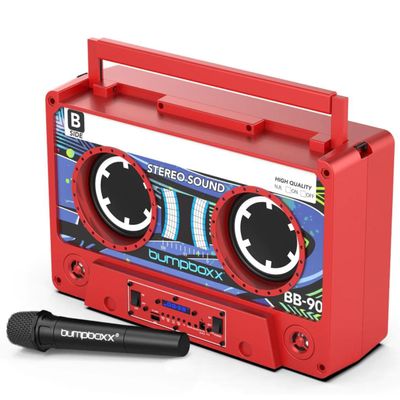 Bumpboxx Remixx Retro Bluetooth Boombox | Portable Cassette-Style Speaker with High-Fidelity Sound & Wireless Mic | Electric Red