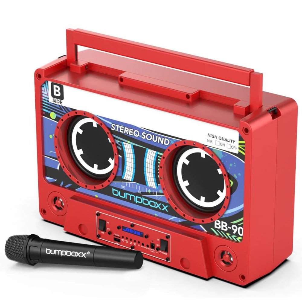 Bumpboxx Remixx Retro Bluetooth Boombox | Portable Cassette-Style Speaker with High-Fidelity Sound & Wireless Mic | Electric Red