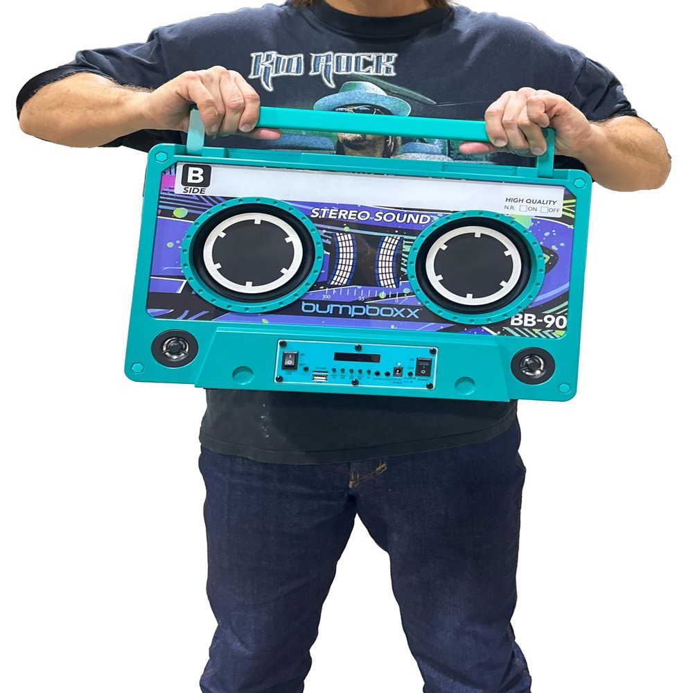 Bumpboxx Remixx Retro Bluetooth Boombox | Portable Cassette-Style Speaker with High-Fidelity Sound & Wireless Mic | Neon Blue