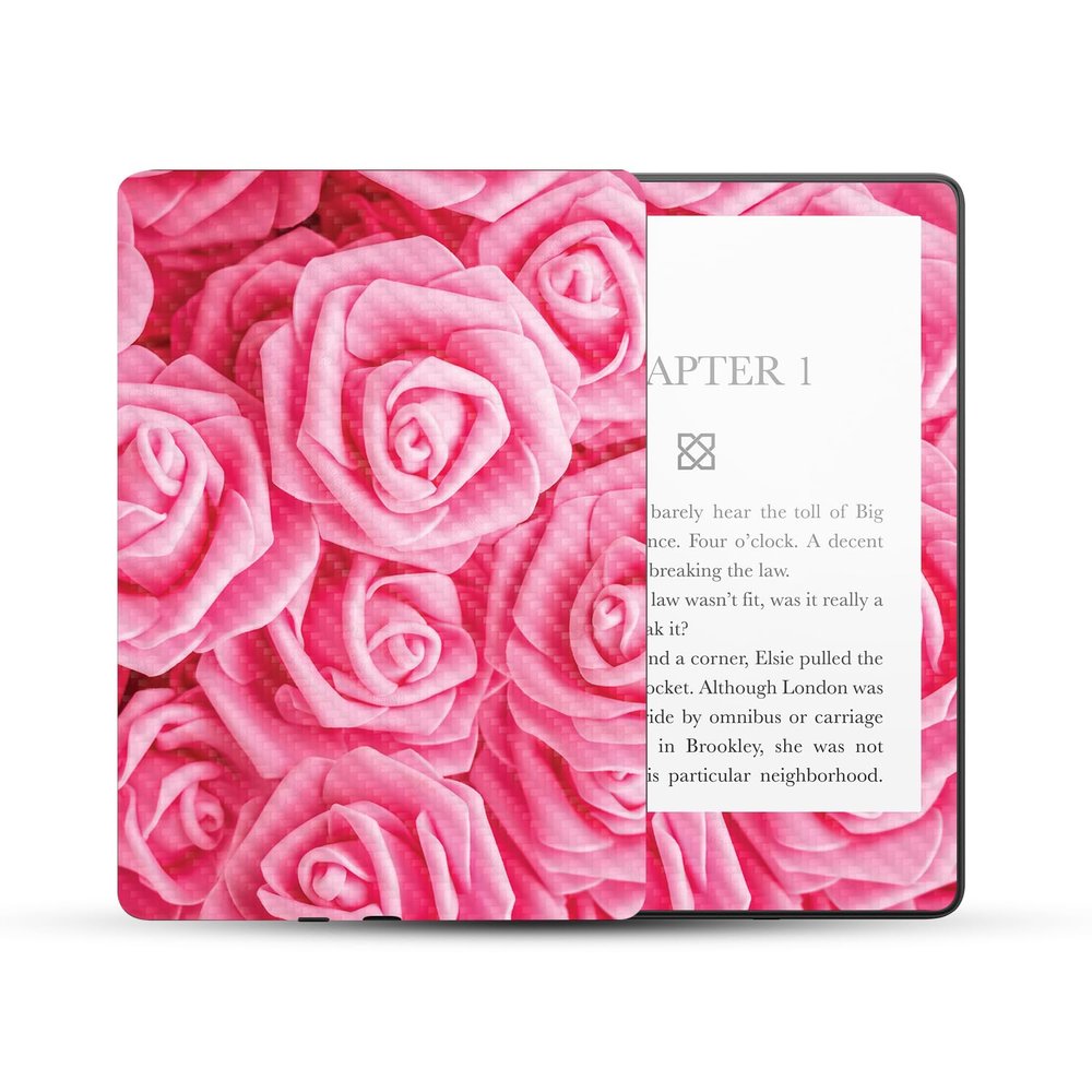 MightySkins Carbon Fiber Skin Compatible with Amazon Kindle Paperwhite 5 6.8-inch 11th Gen (2021) Full Wrap - Super Pink Roses | Textured Carbon Fiber Finish | Easy to Apply | Made in The USA