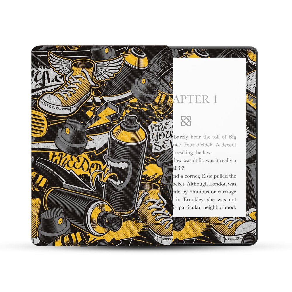 MightySkins Carbon Fiber Skin Compatible With Amazon Kindle Paperwhite 5 6.8-inch 11th Gen (2021) Full Wrap - Yellow Hip Hop | Protective Textured Carbon Fiber Finish | Easy To Apply | Made in the USA