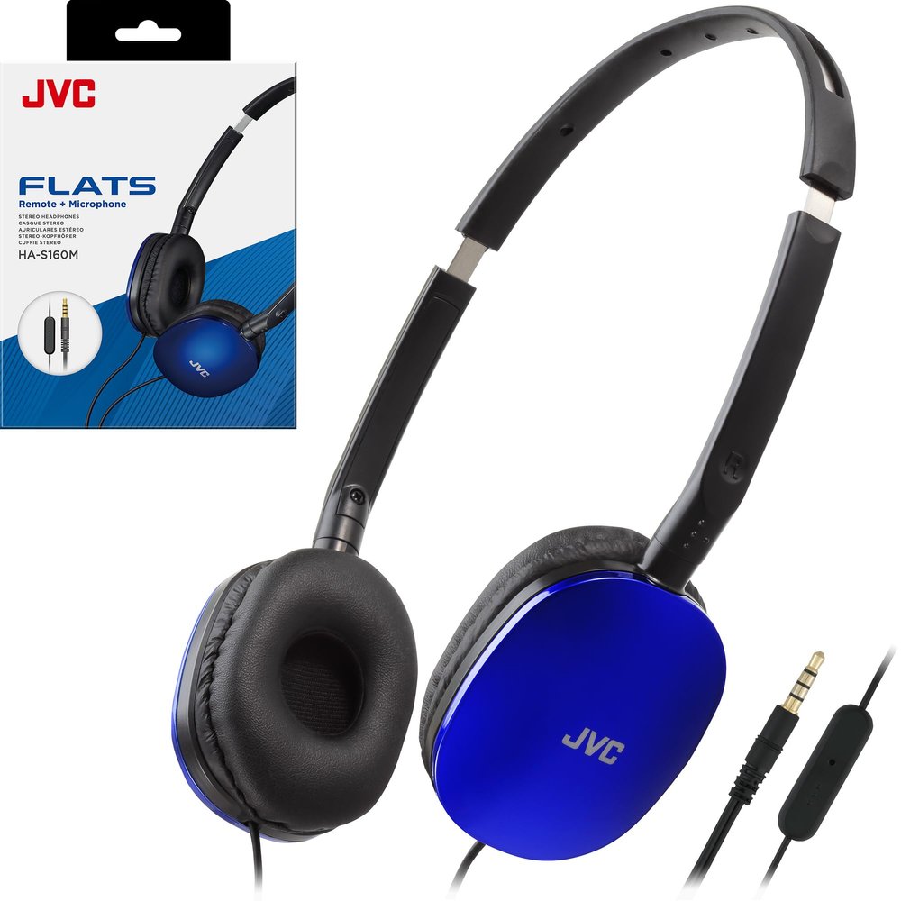 JVC Blue Flat Foldable Colorful Flats On Ear Headphones with Remote and Microphone, 3.94 Foot Gold Plated 3.5mm Slim Plug - HAS160MA, Adjustable