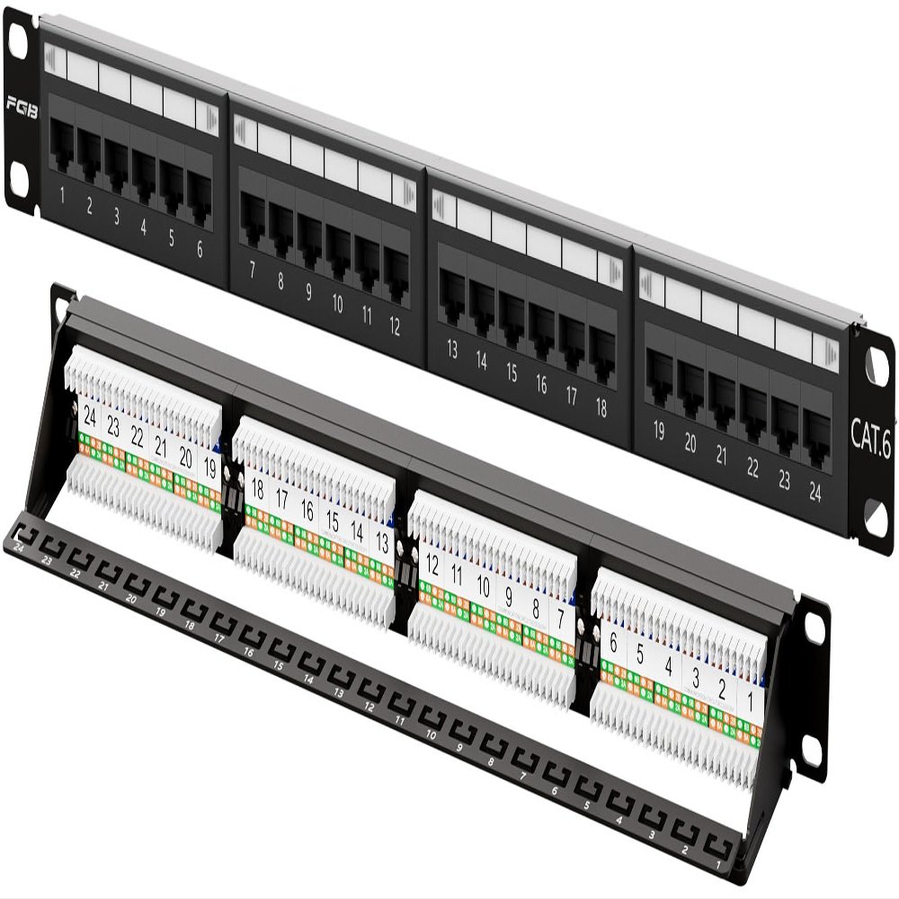 FGB 24-Port Cat6 Patch Panel, 1U 19" Rackmount or Wall Mount RJ45 Ethernet Patch Panel for Gigabit Networks