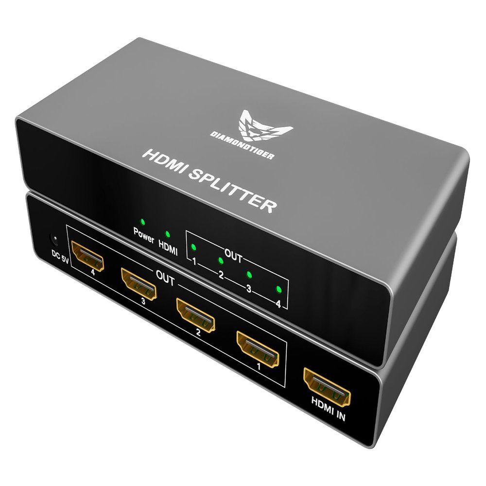 DiamondTiger 4K HDMI Splitter 1 in 4 Out - 4K @ 60Hz, HDMI 2.0, HDCP,18 Gbps,Ultra HD 4 Port HDMI Splitter for TV, 3 Layers Cascade, Extra Long Distance, 3D Audio Video Sync (1x4)