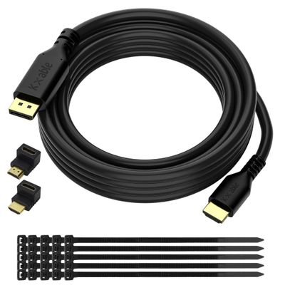 4K DisplayPort to HDMI Cable 20 FT, DP to HDMI Male Video UHD Cable, Uni-Directional Cord, for PC, Desktop, Graphics Card to HDTV, Monitor, Projector, with 2 HDMI Angle Adapters and 25 Zip Ties-Black