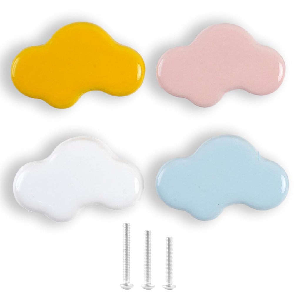 OctinPris 4X Colorful Cute Glossy Ceramic Knobs Cloud-Shape Lovely Door Pull Knob Cabinet Closet Ceramic Drawer Cupboard Kitchen Dresser Kids Child Bedroom Pulls Wardrobe Handles