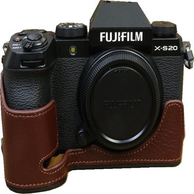 X-S20 Case, BMAOLLONGB Handmade Genuine Real Leather Half Camera Case Bag Cover for Fujifilm X-S20 XS20 Bottom Opening Version + Hand Strap (Coffee)