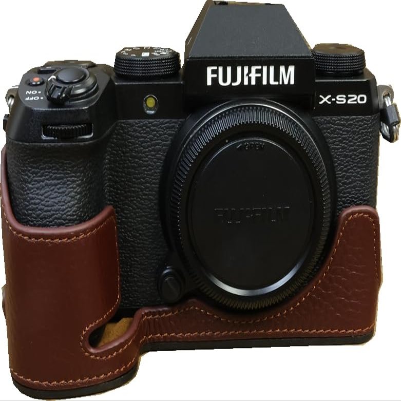 X-S20 Case, BMAOLLONGB Handmade Genuine Real Leather Half Camera Case Bag Cover for Fujifilm X-S20 XS20 Bottom Opening Version + Hand Strap (Coffee)