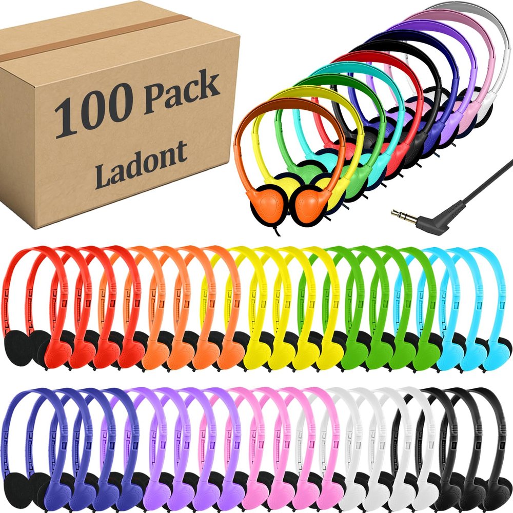 Ladont 100 Pack Classroom Headphones Bulk for Students Kids Schools, Wholesale Wired Multi Color 3.5mm On Ear Class Set Headphones for Library Chromebook Laptop PC Computer