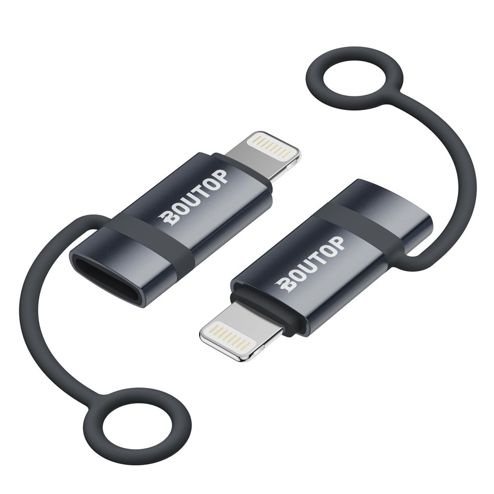 BOUTOP [MFi Certified] 36W USB C to Lightning Adapter (2 Pack) - Support PD Fast Charging/Data Sync, with Anti-Lost Silicone Holder for iPhone iPad AirPods, Reduces Cable Clutter