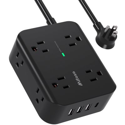 Extension Cord 10 FT, Flat Plug Power Strip Surge Protector with 8 Wide Outlets 4 USB Ports, 3-Side Outlet Extender, Mounted, Overload Protection, for Indoor Home Office, Dorm Room Essentials