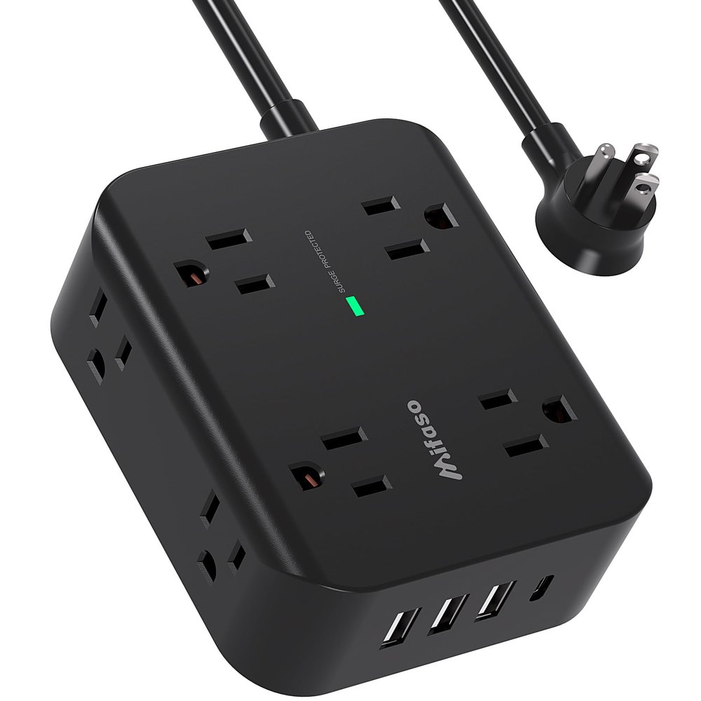 Extension Cord 10 FT, Flat Plug Power Strip Surge Protector with 8 Wide Outlets 4 USB Ports, 3-Side Outlet Extender, Mounted, Overload Protection, for Indoor Home Office, Dorm Room Essentials