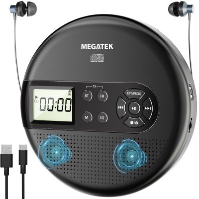 MEGATEK CP27BR Portable CD Player Bluetooth for Car with FM Transmitter, USB, AUX, LCD Display, Anti-Skip, Stereo Speakers, Headphones & Rechargeable Battery  Black