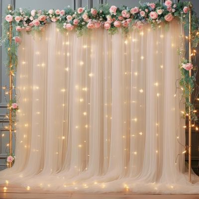 10x10ft Champagne Tulle Backdrop Curtain with Lights String for Parites, Sheer Backdrop Curtains for Wedding Baby Shower Birthday Party Photo Shoot Decorations