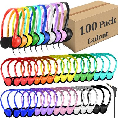 Ladont 100 Pack Classroom Headphones Bulk for Students Kids Boys Girls Teens, Wholesale Wired Multi Color 3.5mm On Ear Headphones for Chromebook Laptop PC Computer