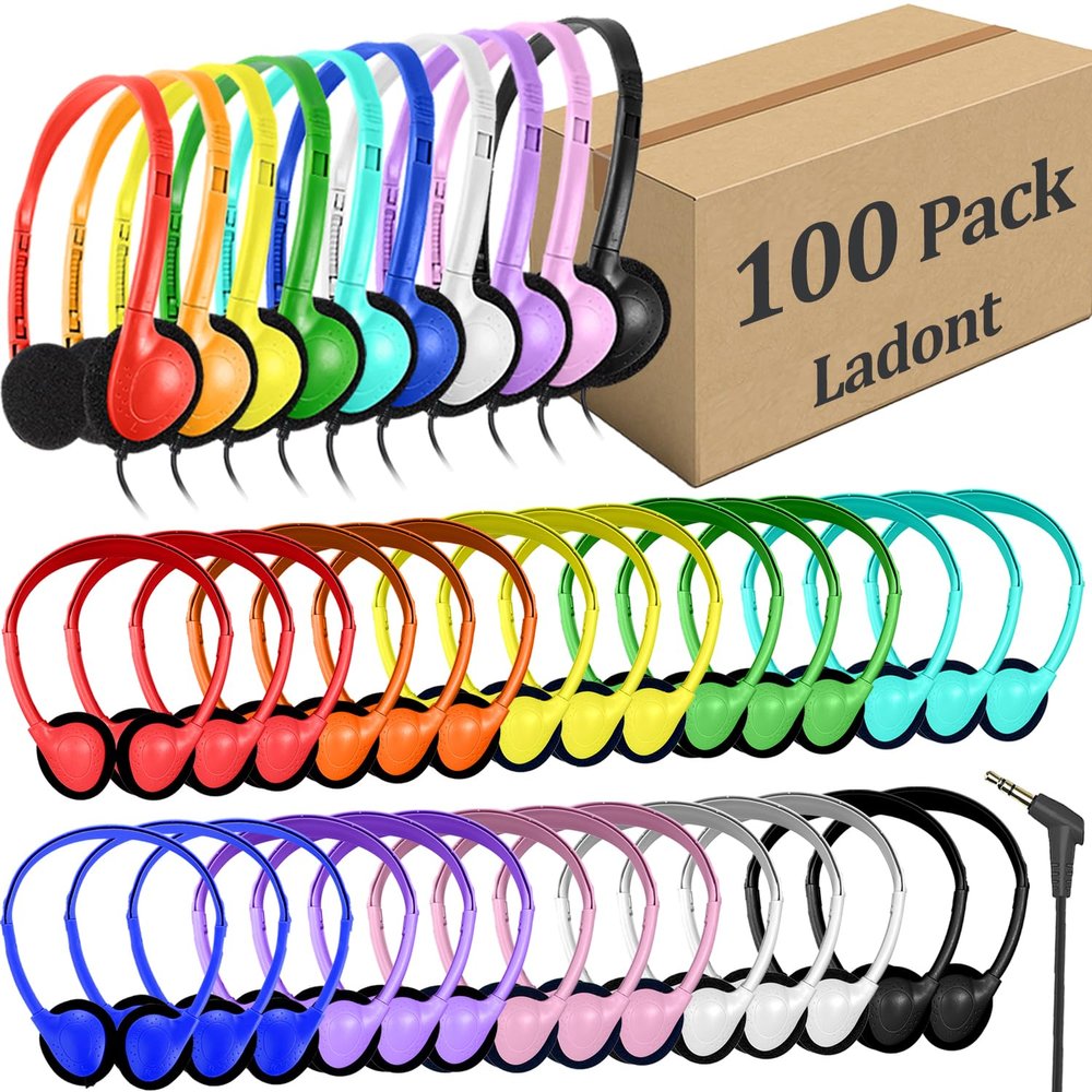 Ladont 100 Pack Classroom Headphones Bulk for Students Kids Boys Girls Teens, Wholesale Wired Multi Color 3.5mm On Ear Headphones for Chromebook Laptop PC Computer