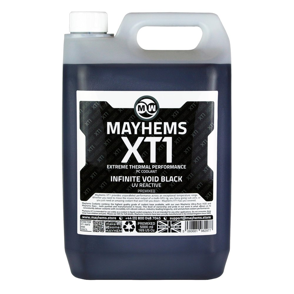 Mayhems - XT1 Premixed PC Coolant - Computer Water Cooling Fluid - Liquid Cooling, Thermal Performance Series, UV Fluorescent, 5 Litre, Infinite Void Black