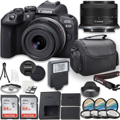 Canon EOS R10 Mirrorless Camera with RF-S 18-45mm f/4.5-6.3 is STM Lens + 2pc 64GB Memory Cards + Flash + Filters & More (Renewed)