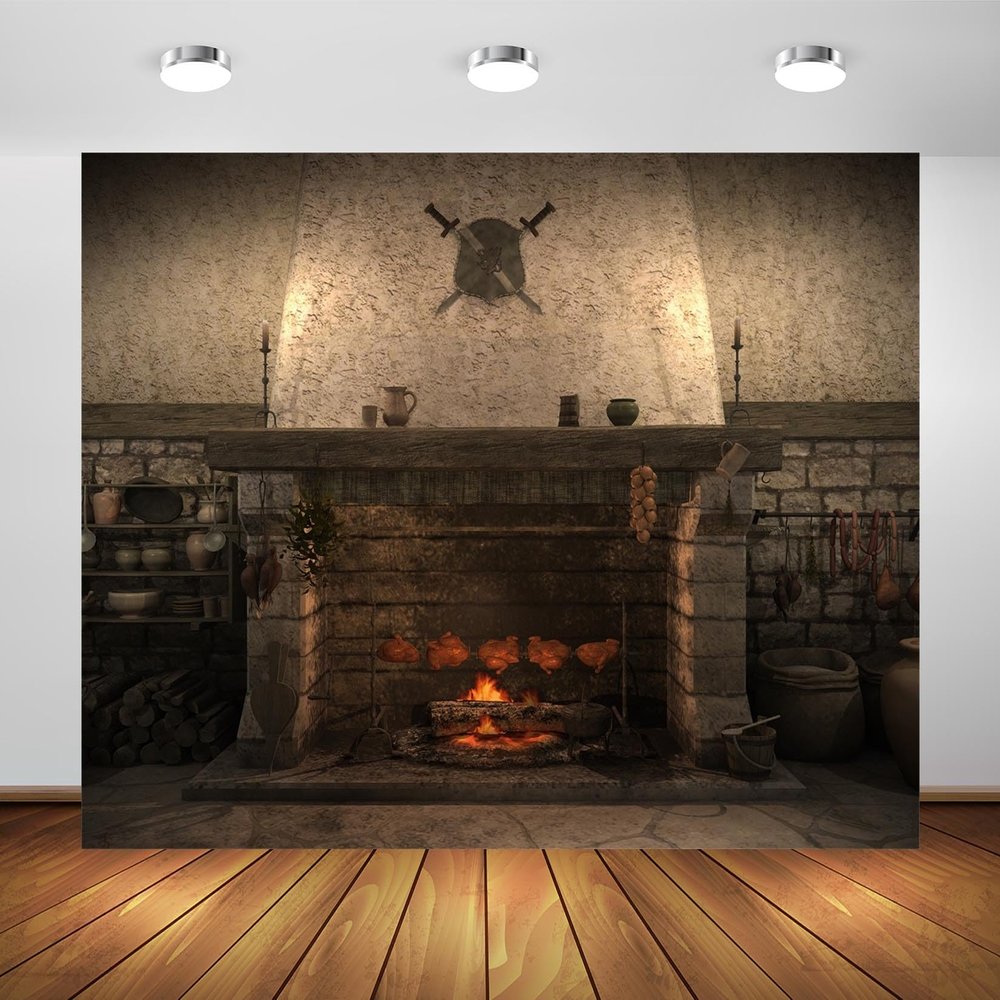 BELECO 9x6ft Fabric Medieval Castle Kitchen Backdrop Old Kitchen Interior with Fireplace Roast Chicken Fantasy Ancient Tavern Background for Party Decorations Photo Booth Shoot Studio Props