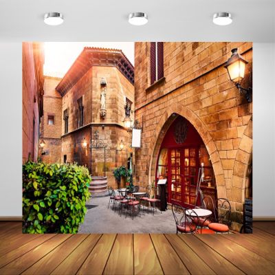 BELECO 5x3ft Fabric Vintage Spain Street Cafe Restaurant Backdrop Traditional Spanish Village Museum Narrow Street Old Town with Medieval Brick Buildings Background Europe Travel Photo Studio Props