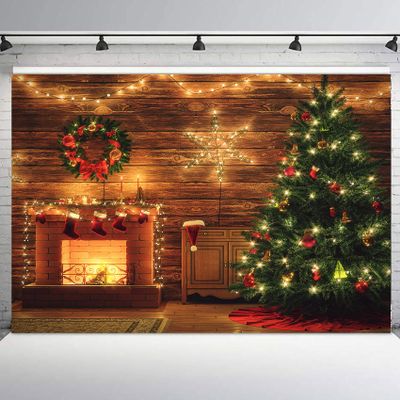 10x8ft Farmhouse Christmas Backdrop for Photography Xmas Wreath and Xmas Tree with Red Xmas Ball on Brown Background for Party Decoration Pictures Supplies Banner Portraits Photo Booth Shoot Props