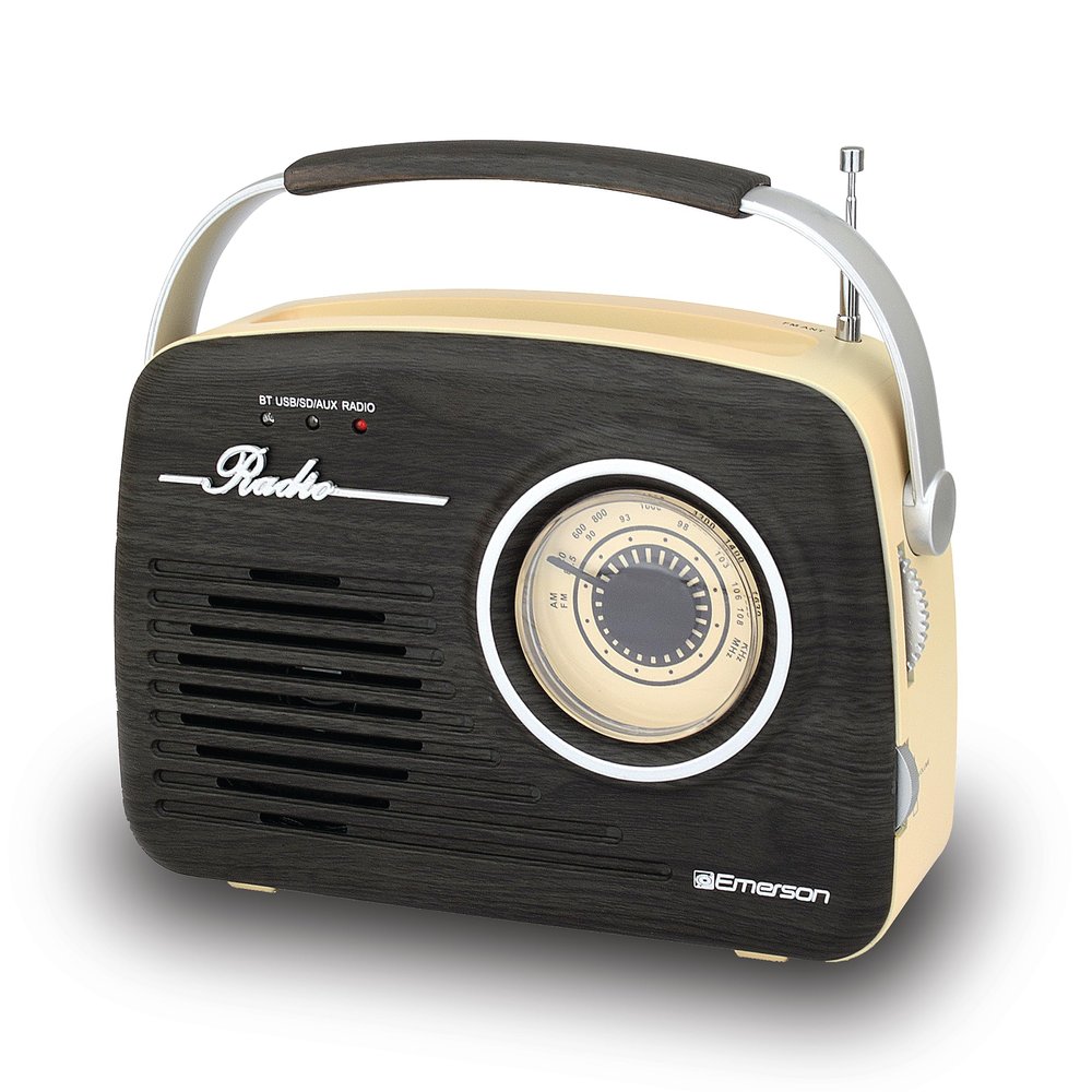 Emerson EAS-3002 Portable Bluetooth Retro Radio with AM/FM Tuner, USB/AUX Inputs, Built-in Rechargeable Battery, and Carrying Handle, Espresso