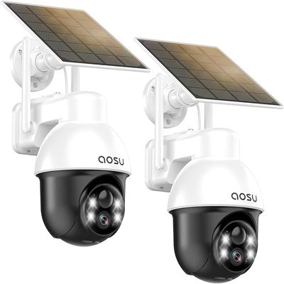 aosu Solar Camera Security Outdoor - Security Cameras Wireless Outdoor with 360 Panoramic View, Human Auto Tracking, 2K Night Vision, Compatible with Alexa/Google Assistant (2 Pack)