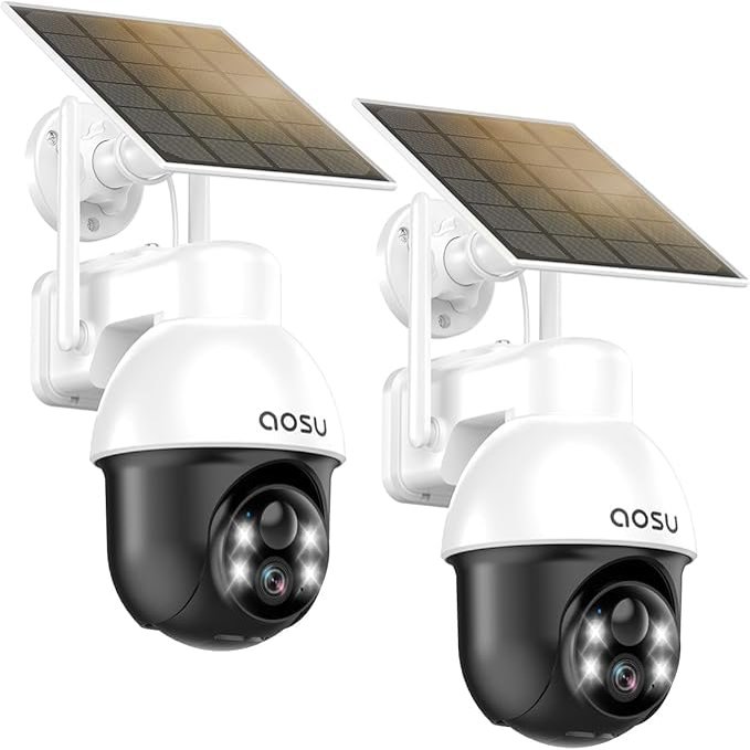 aosu Solar Camera Security Outdoor - Security Cameras Wireless Outdoor with 360 Panoramic View, Human Auto Tracking, 2K Night Vision, Compatible with Alexa/Google Assistant (2 Pack)