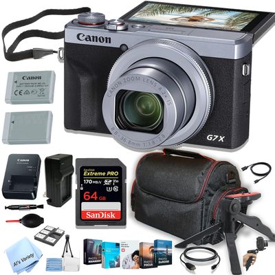 Canon PowerShot G7 X Mark III (Silver) Digital Camera + 64GB Extreem Speed Memory,Stabilizong Grip, Case, Batteries,and More (22pc Bundle) (Renewed)