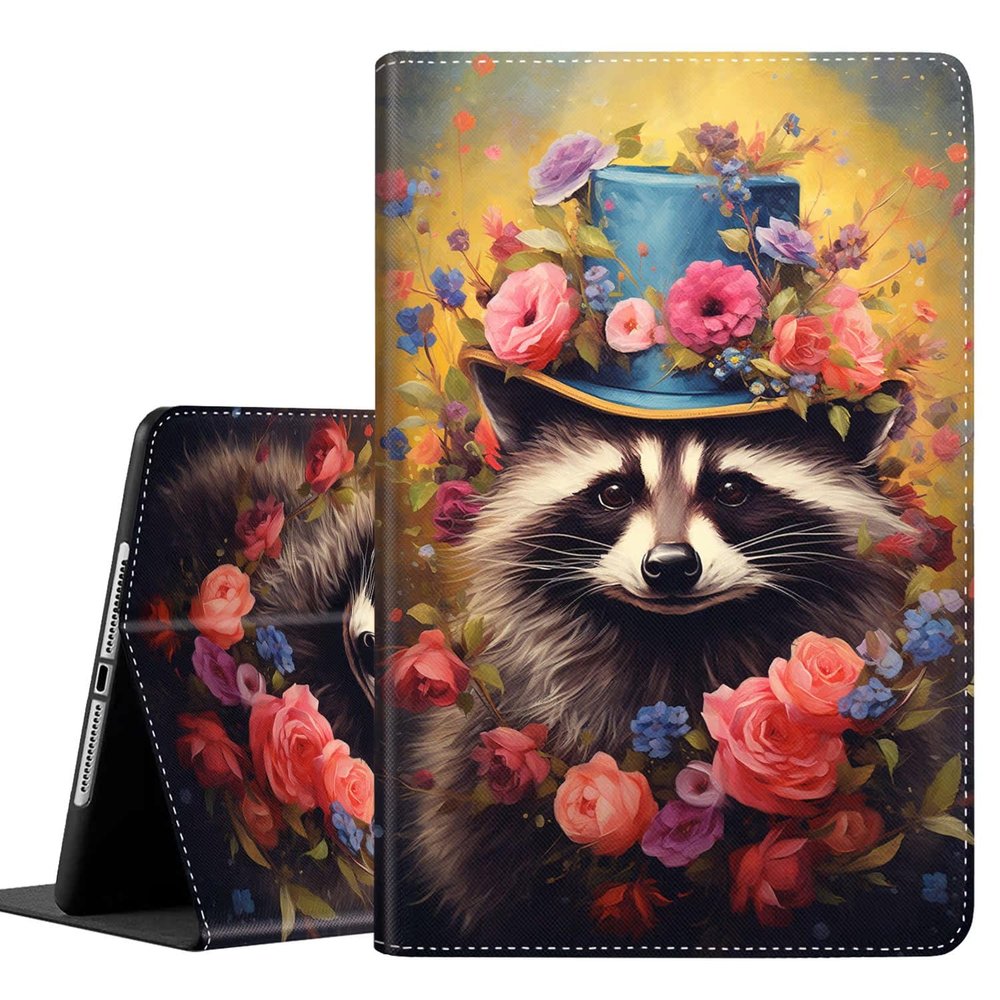 Case for iPad 10.2 Case 2021 iPad 9th Gen / 2020 iPad 8th Gen / 2019 iPad 7th Gen, Durable Shockproof Protective Cover for 10.2"Raccoon Red Flower