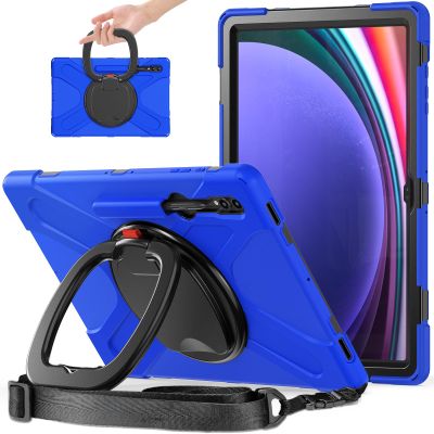 360 Rotation Case for Samsung Galaxy Tab S9+ 12.4" Sturdy Cover Rotate Ring Stand Shoulder Carrying Strap Hand Strap Rugged Children Adults Outdoor Case (Blue)