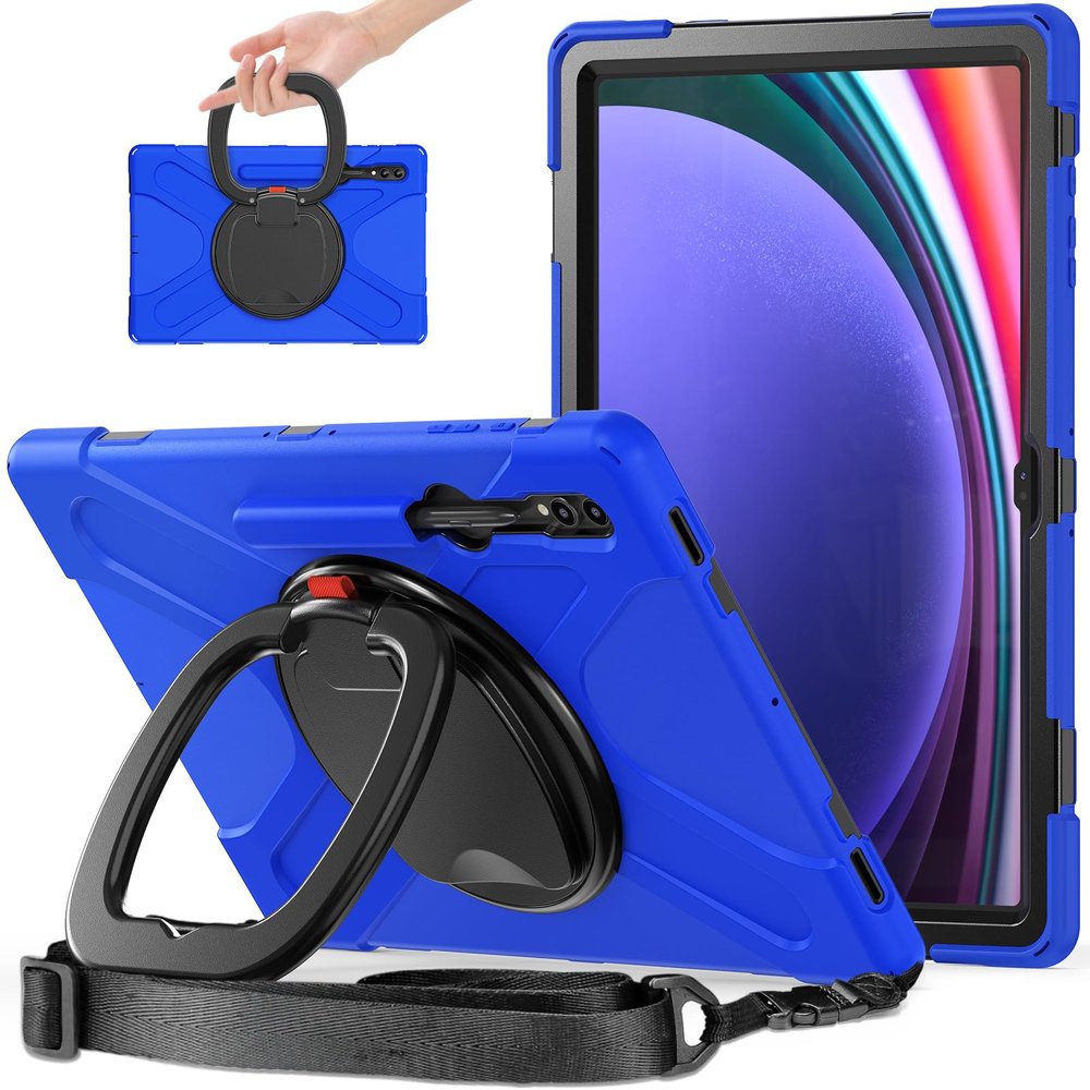 360 Rotation Case for Samsung Galaxy Tab S9+ 12.4" Sturdy Cover Rotate Ring Stand Shoulder Carrying Strap Hand Strap Rugged Children Adults Outdoor Case (Blue)