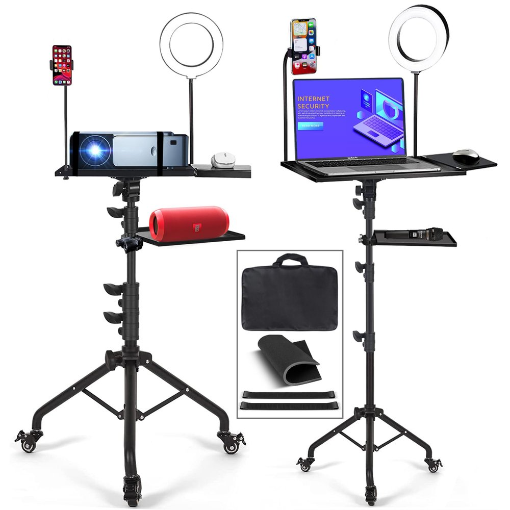 Asltoy Projector Tripod Stand with Wheels Laptop Tripod Stand Projector Tripod Laptop Stand Floor Stand Live Stream stand Treadmill Stand Music Stand with 6" LED Ring Light for Online Meeting Recording