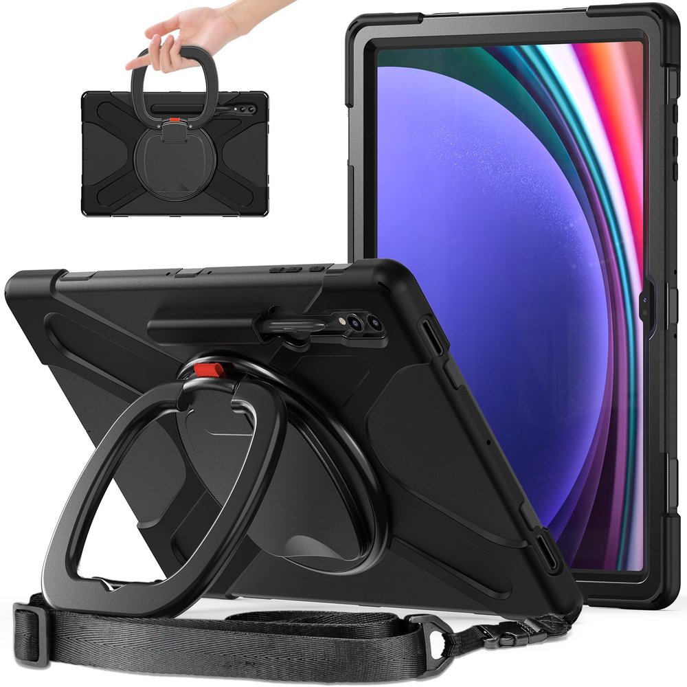 360 Rotation Case for Samsung Galaxy Tab S9 Ultra 14.6" Sturdy Cover Rotate Ring Stand Shoulder Carrying Strap Hand Strap Rugged Children Adults Outdoor Case (Black)