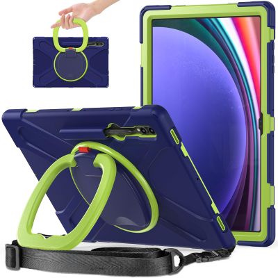 360 Rotation Case for Samsung Galaxy Tab S9 Ultra 14.6" Sturdy Cover Rotate Ring Stand Shoulder Carrying Strap Hand Strap Rugged Children Adults Outdoor Case (Navy+Green)